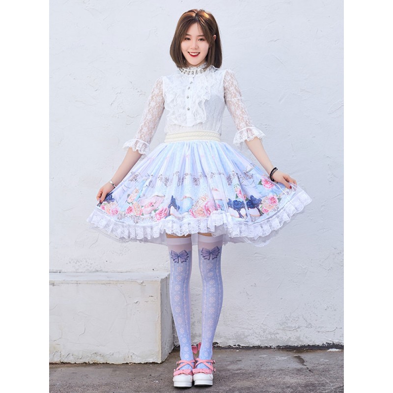 Lace Sweet Lolita SK Light Sky Blue Floral Print Lolita Skirts Daily Casual Tea Party