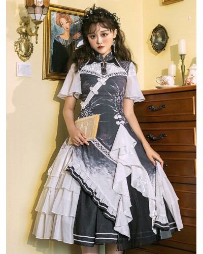 Chinese Style Lolita SK Light Gray Ruffles Polyester Lolita Skirt Chinese Style Summer