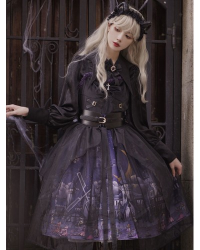 Gothic Lolita JSK Dress 3-Piece Set Polyester Cummerbund Cover-Up Jumper Black Lolita Jumper Skirt