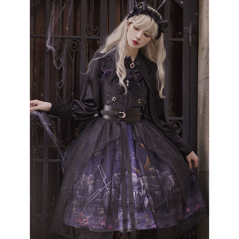 Gothic Lolita JSK Dress 3-Piece Set Polyester Cummerbund Cover-Up Jumper Black Lolita Jumper Skirt