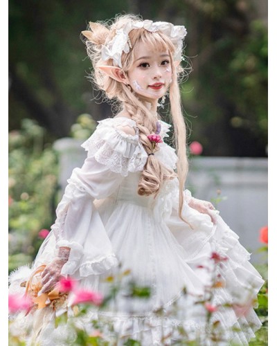 Tea Party Style Lolita JSK Dress Neverland Floral Print Pattern Ruffles Bows White Sweet Lolita Jumper Skirts