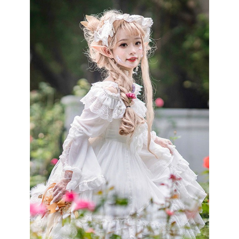 Tea Party Style Lolita JSK Dress Neverland Floral Print Pattern Ruffles Bows White Sweet Lolita Jumper Skirts