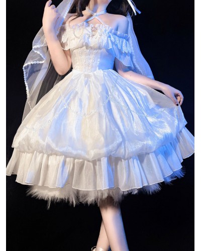 Sweet Lolita Dress White Polyester Short Sleeves Lace Up Ruffles Lace Bows Tea Party Lolita Dress