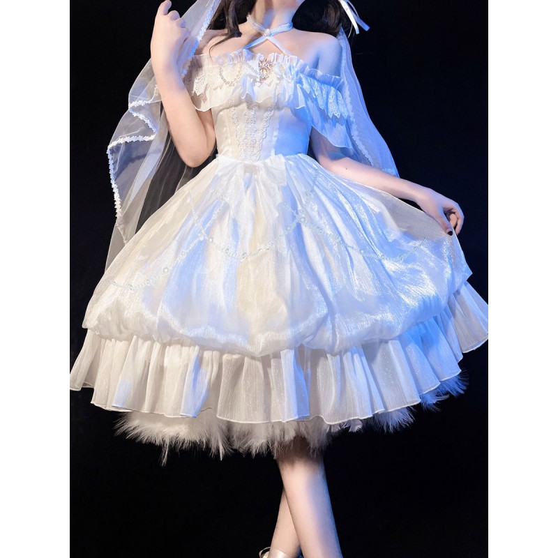 Sweet Lolita Dress White Polyester Short Sleeves Lace Up Ruffles Lace Bows Tea Party Lolita Dress