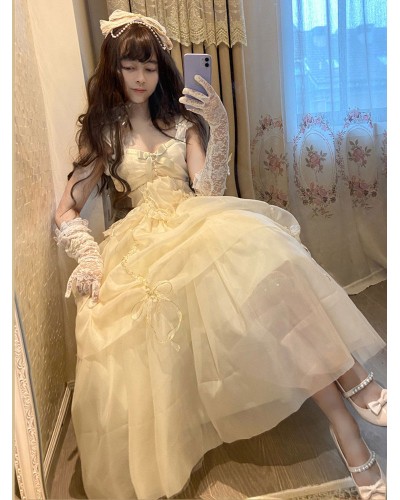 Sweet Lolita Dress Polyester Bows Sleeveless Ecru White Lolita Jumper Skirt