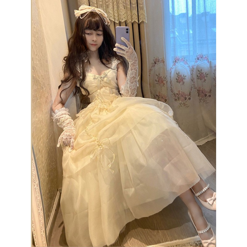 Sweet Lolita Dress Polyester Bows Sleeveless Ecru White Lolita Jumper Skirt