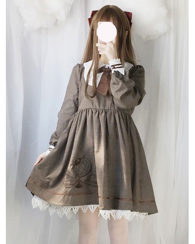 Classic Lolita OP Dress Lace Trim Bow Pleated Brown Lolita One Piece Dress Academic Spring Fall Daily Casual