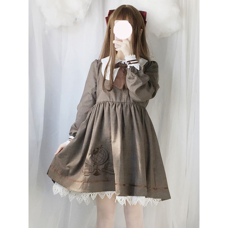 Classic Lolita OP Dress Lace Trim Bow Pleated Brown Lolita One Piece Dress Academic Spring Fall Daily Casual