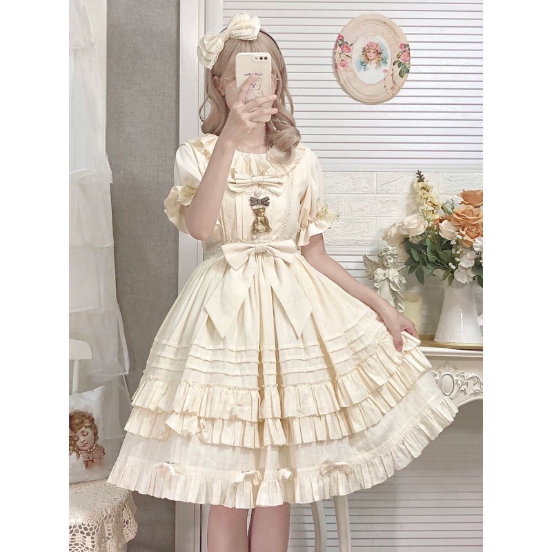 Sweet Lolita Dress Jacquard Short Sleeves Dress