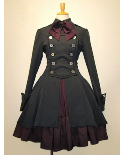 Gothic Lolita Dress OP Military Style Black Cotton Double Breasted Button Long Sleeve Bow Ruffled Lolita One Piece Dress Tea Party