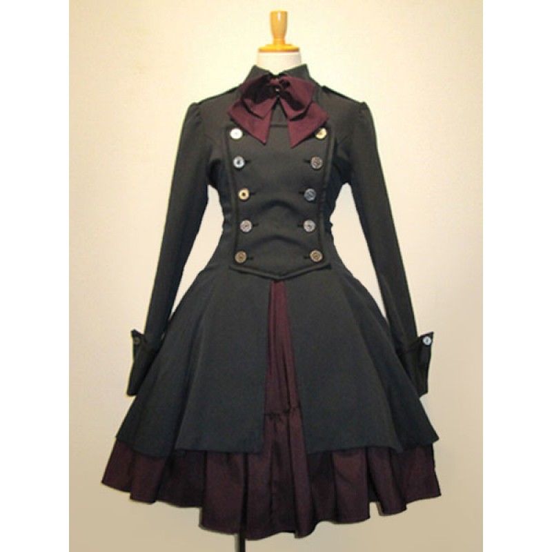 Gothic Lolita Dress OP Military Style Black Cotton Double Breasted Button Long Sleeve Bow Ruffled Lolita One Piece Dress Tea Party