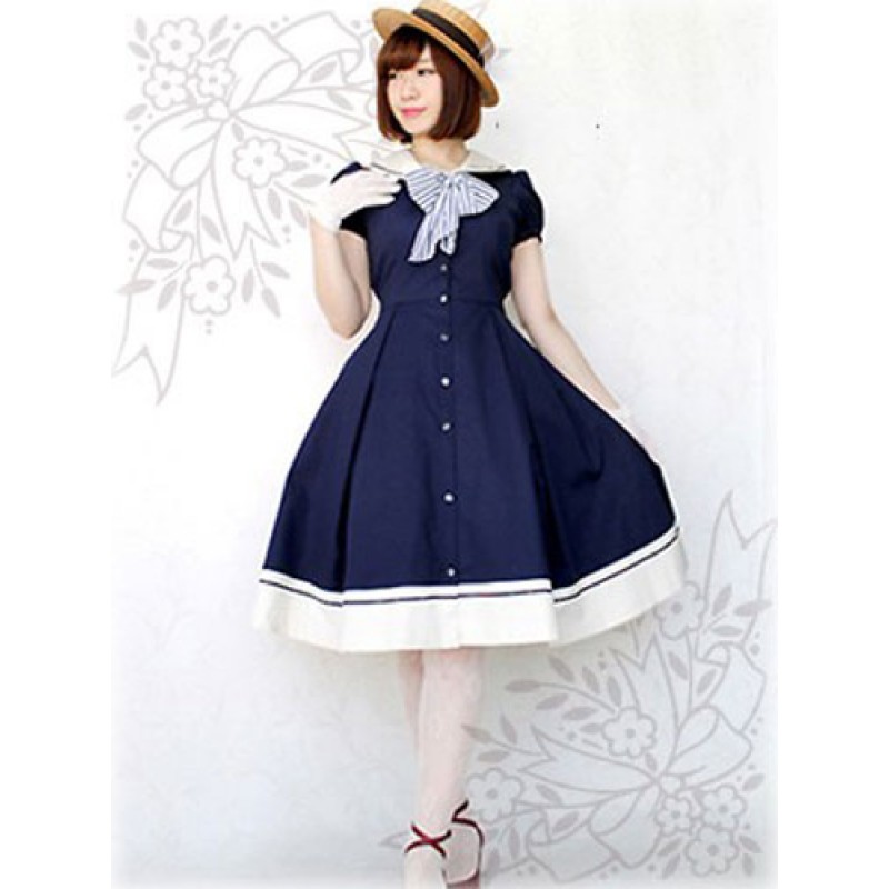 Sweet Lolita Dress Sailor OP Cotton Bow Buttons Dark Navy Lolita One Piece Dress