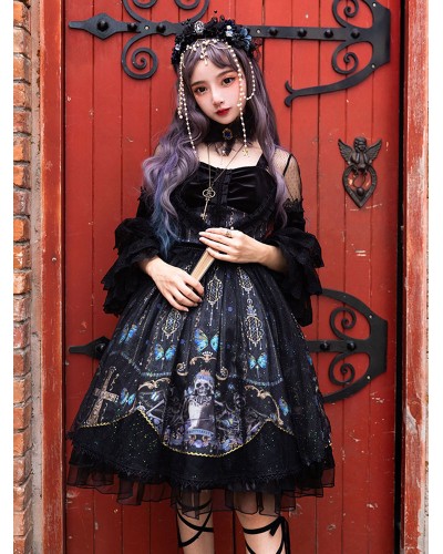 Lolita OP Dress Cascading Ruffles Bows Black Skeleton Long Sleeves Lolita One Piece Dresses Gothic Spring Summer Fall Daily Casual