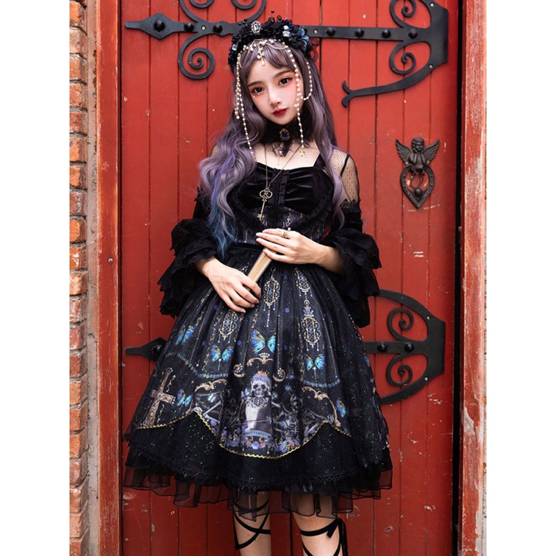 Lolita OP Dress Cascading Ruffles Bows Black Skeleton Long Sleeves Lolita One Piece Dresses Gothic Spring Summer Fall Daily Casual