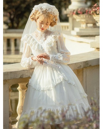 Classic Lolita OP Dress Neverland Lace Ruffle Oraganza White Lolita One Piece Dress Original Design Sweet Classic  Traditional Spring Summer Daily Casual Tea Party