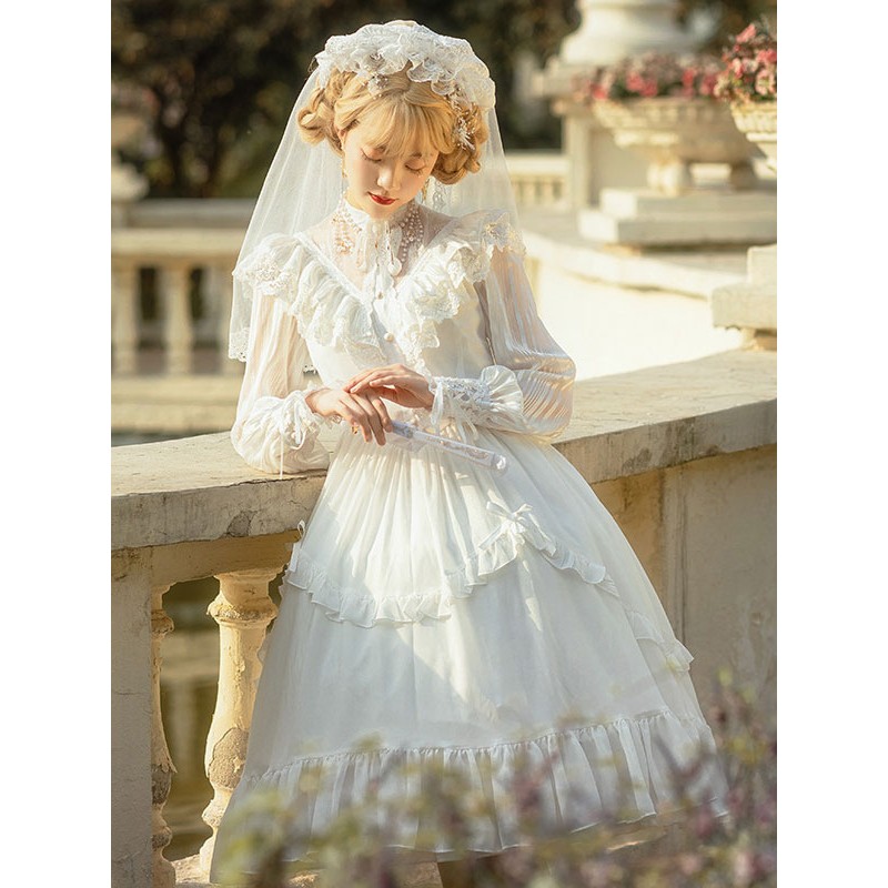 Classic Lolita OP Dress Neverland Lace Ruffle Oraganza White Lolita One Piece Dress Original Design Sweet Classic  Traditional Spring Summer Daily Casual Tea Party