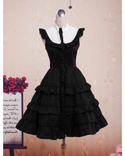 Cute Black Sleeveless Cotton Lolita One-Piece Daily Casual