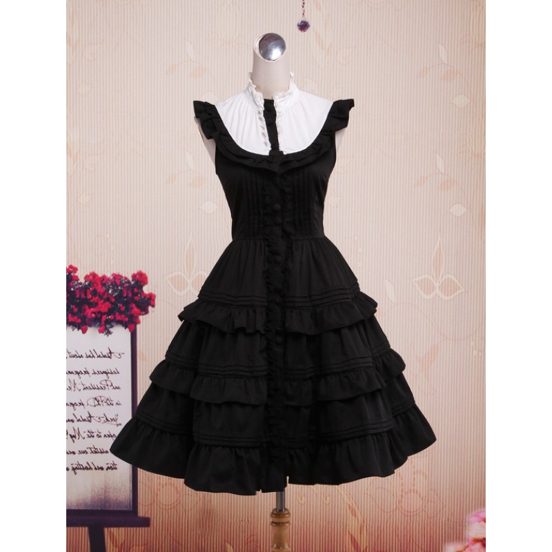 Cute Black Sleeveless Cotton Lolita One-Piece Daily Casual