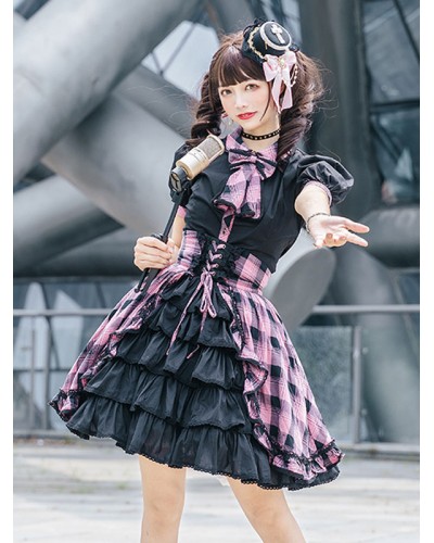 Idol clothes Lolita JSK Dress Balck Plaid Print Pattern Ruffles Bows Sweet Lolita Jumper Skirts