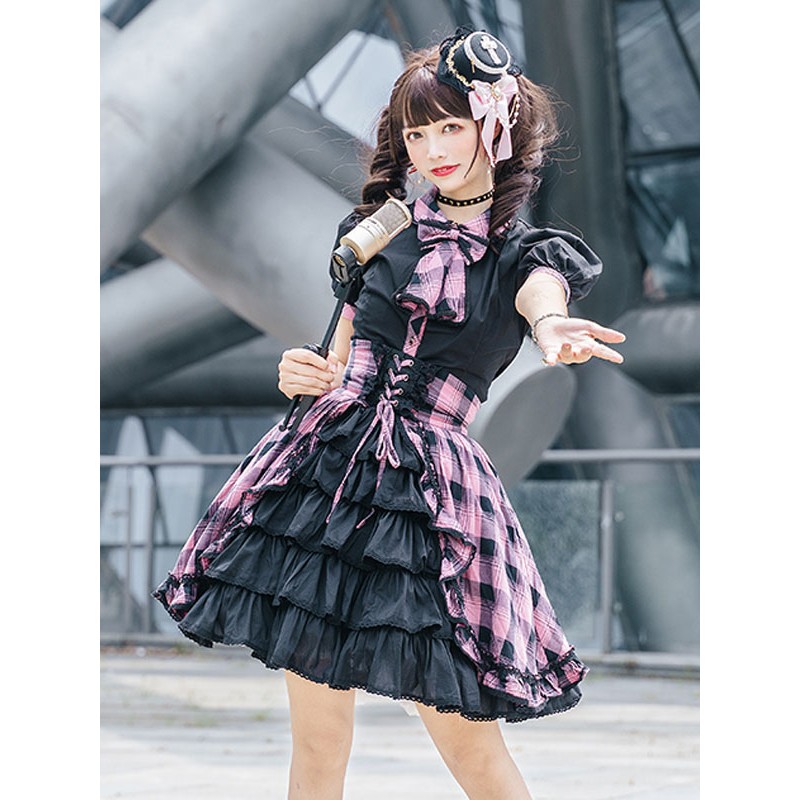 Idol clothes Lolita JSK Dress Balck Plaid Print Pattern Ruffles Bows Sweet Lolita Jumper Skirts