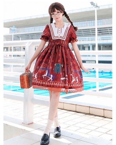 Lolita OP Dress Royal Trojan Bow Print Chiffon Burgundy Lolita One Piece Dress Sweet Summer Tea Party