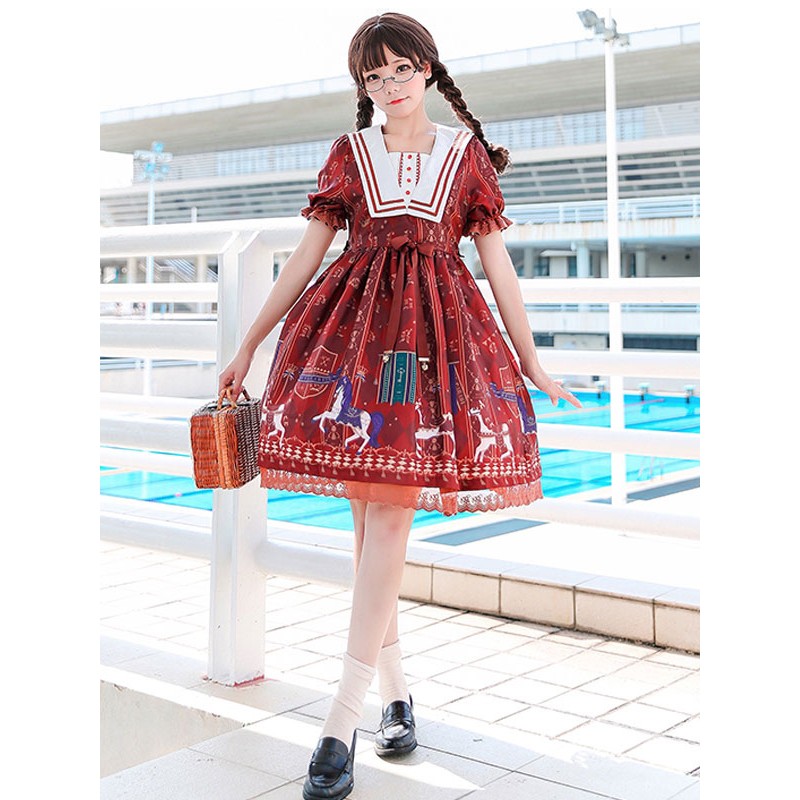 Lolita OP Dress Royal Trojan Bow Print Chiffon Burgundy Lolita One Piece Dress Sweet Summer Tea Party