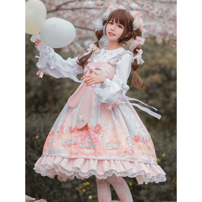 Sweet Lolita JSK Dress Pink Bowknots Sleeveless Daily Casual Lolilta Jumper Skirt