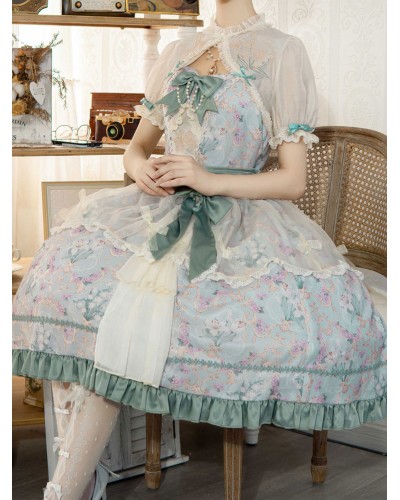 Sweet Lolita JSK Dress Chinese Floral Print Flowers Sage Lolita Jumper Skirts