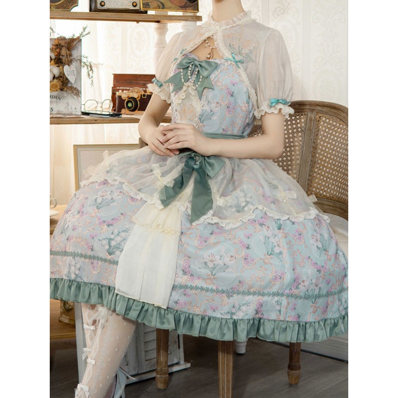 Sweet Lolita JSK Dress Chinese Floral Print Flowers Sage Lolita Jumper Skirts