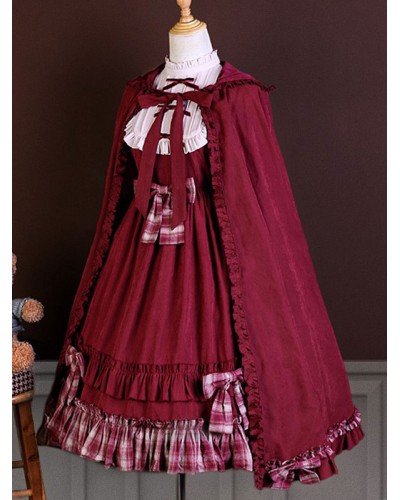 Sweet Lolita OP Dress Burgundy Polyester Long Sleeves Bows Ruffles Lolita One Piece Dress