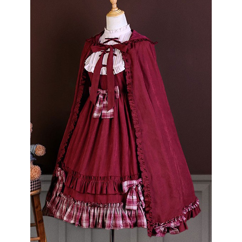 Sweet Lolita OP Dress Burgundy Polyester Long Sleeves Bows Ruffles Lolita One Piece Dress