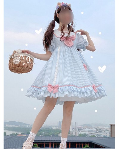 Sweet Lolita OP Dress Stripes Bows Short Sleeves Lolita One Piece Dresses Daily Casual