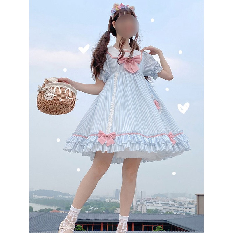 Sweet Lolita OP Dress Stripes Bows Short Sleeves Lolita One Piece Dresses Daily Casual