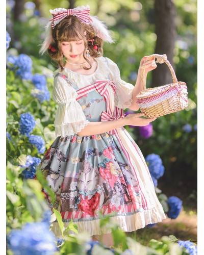 Lolita JSK Dress Fairytale Infanta Lace Bowknot Light Sky Blue Lolita Jumper Skirts Sweet Spring Summer Fall Daily Casual