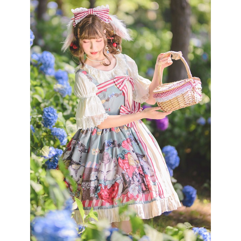 Lolita JSK Dress Fairytale Infanta Lace Bowknot Light Sky Blue Lolita Jumper Skirts Sweet Spring Summer Fall Daily Casual