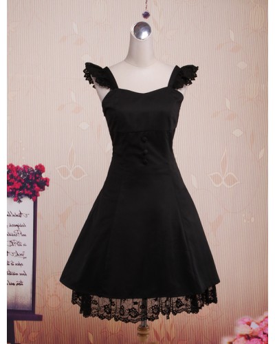 Classic Black Straps Neck Cotton Lolita Jumper Skirt Daily Casual