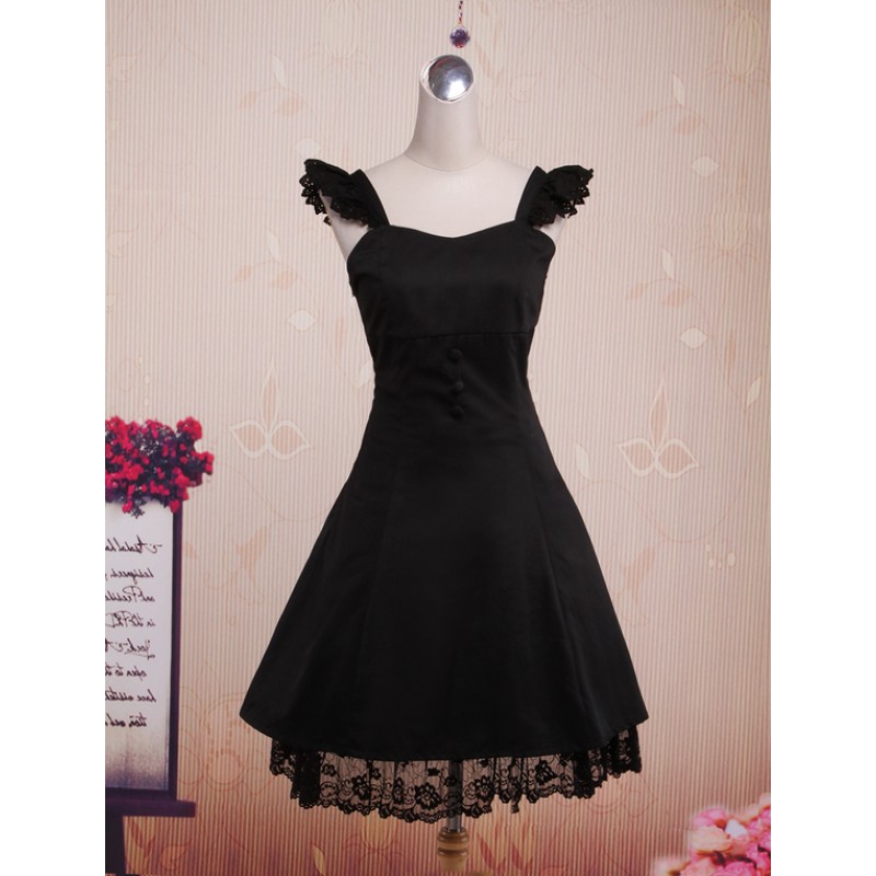 Classic Black Straps Neck Cotton Lolita Jumper Skirt Daily Casual