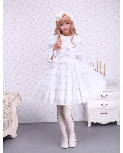 Pure White Lolita One-piece Dress Long Sleeves Layered Lace Trim Sweet Spring Tea Party