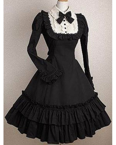 Lolita Dress OP Black Bows Ruffles Cotton Lolita One Piece Dress Gothic Fall Daily Casual Tea Party