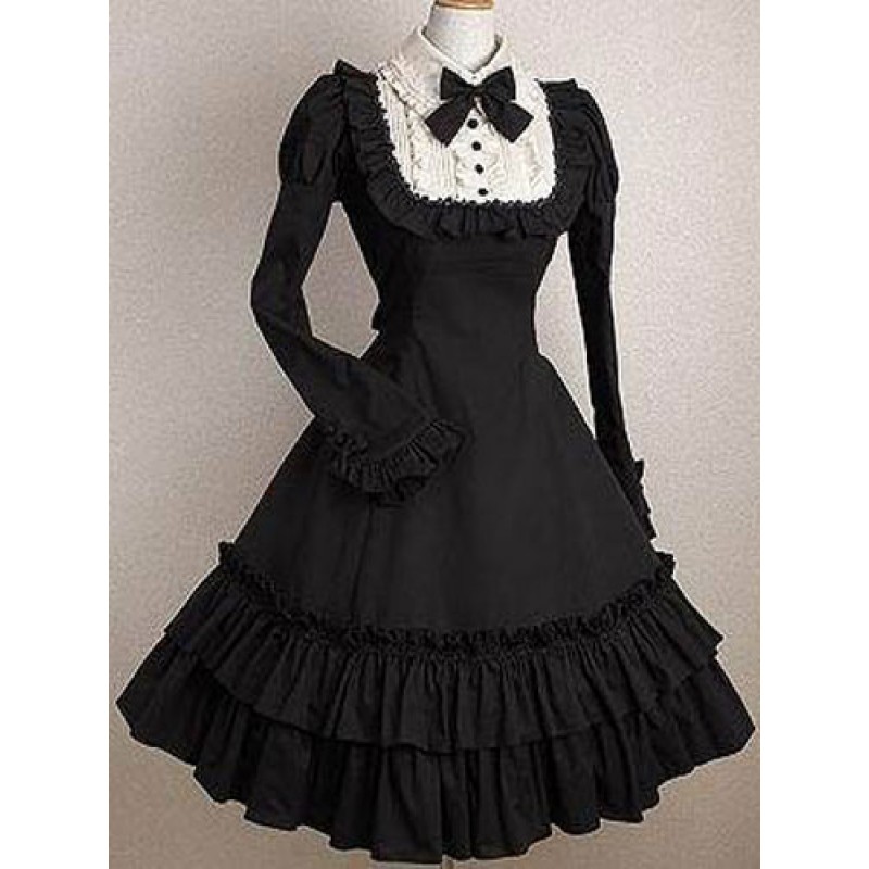 Lolita Dress OP Black Bows Ruffles Cotton Lolita One Piece Dress Gothic Fall Daily Casual Tea Party