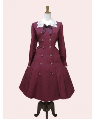 Classic Lolita OP Dress Lace Bow Double Breasted Burgundy Lolita One Piece Dress Classic  Traditional Spring Fall Winter Daily Casual Tea Party