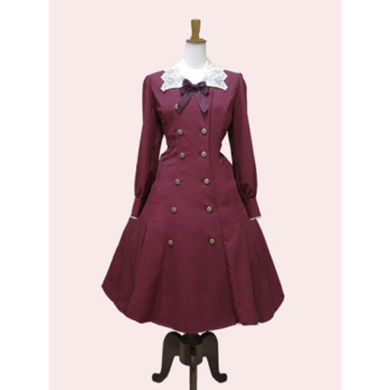 Classic Lolita OP Dress Lace Bow Double Breasted Burgundy Lolita One Piece Dress Classic  Traditional Spring Fall Winter Daily Casual Tea Party