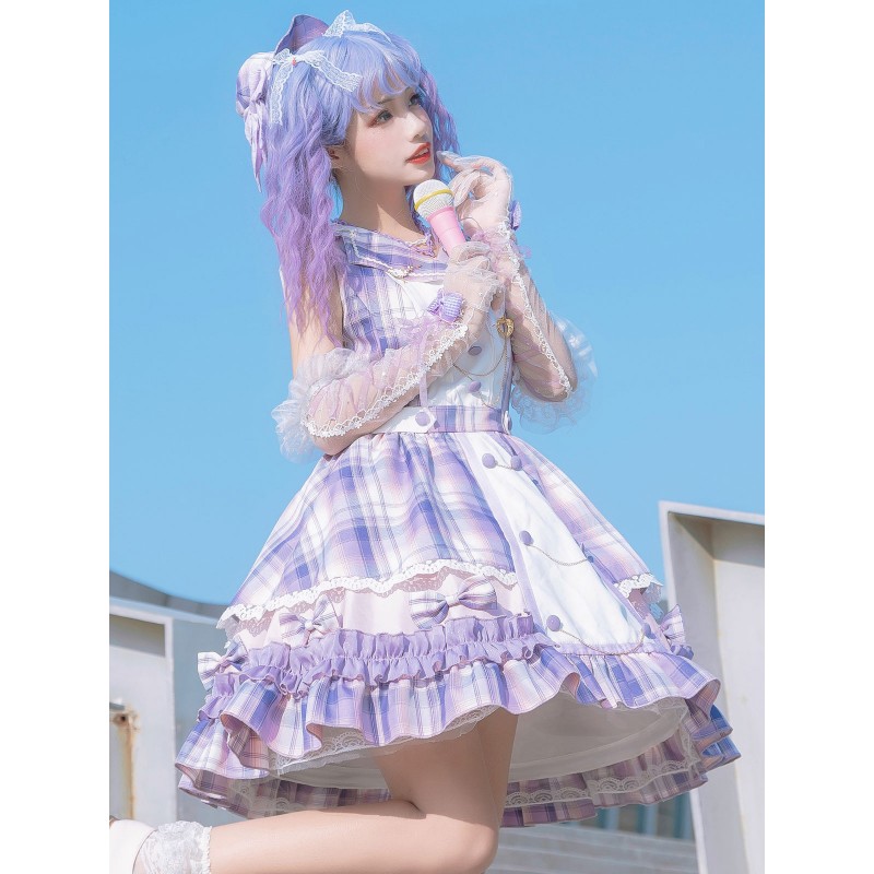 Idol Clothes Lolita JSK Dress Lilac Print Pattern Bows Metal Details Sleeveless Polyester Lolita Jumper Skirts