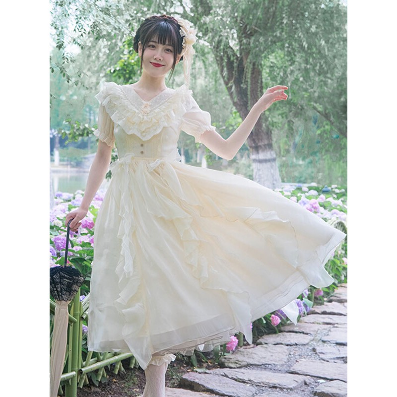 Sweet Lolita Dress Polyester Short Sleeves Ruffles Dress Sweet Lolita Dress