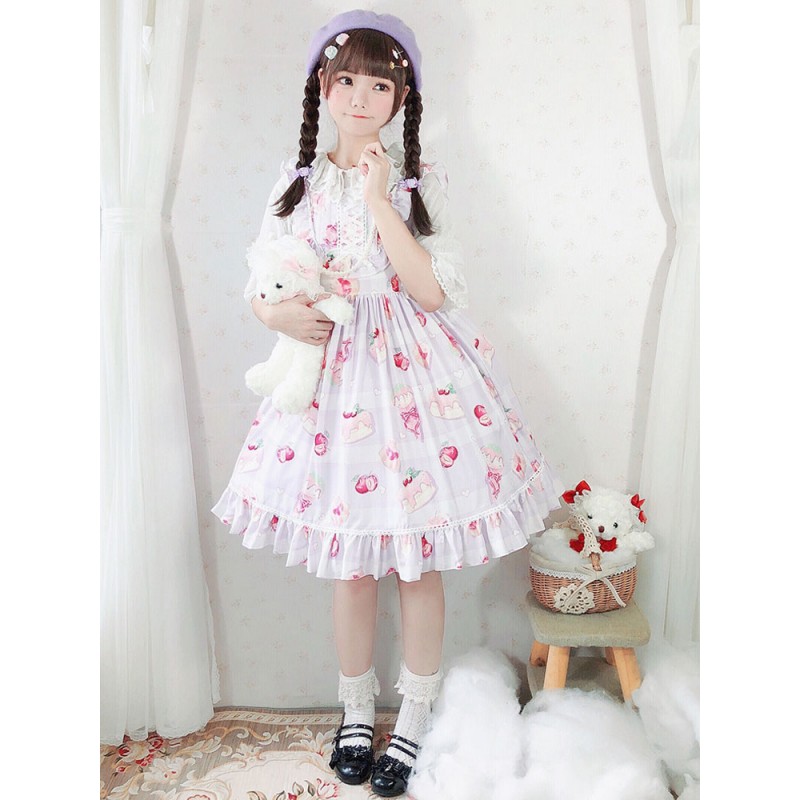 Lolita JSK Dress Cherry Cake Sleeveless Ruffles Lolita Jumper Skirts Sweet Spring Summer Daily Casual