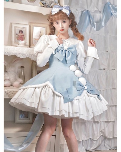 Sweet Lolita JSK Dress Polyester Sleeveless Bows Sweet Light Blue Lolita Jumper Skirt