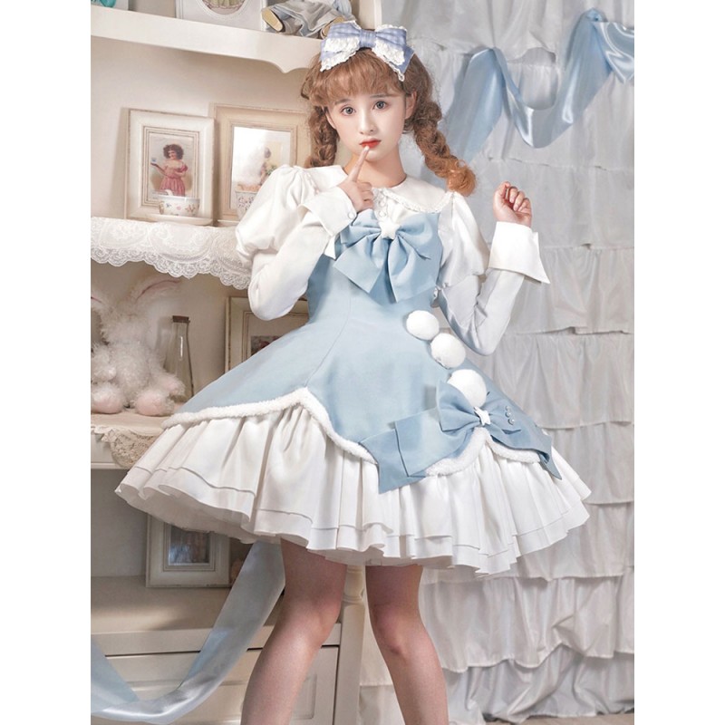 Sweet Lolita JSK Dress Polyester Sleeveless Bows Sweet Light Blue Lolita Jumper Skirt