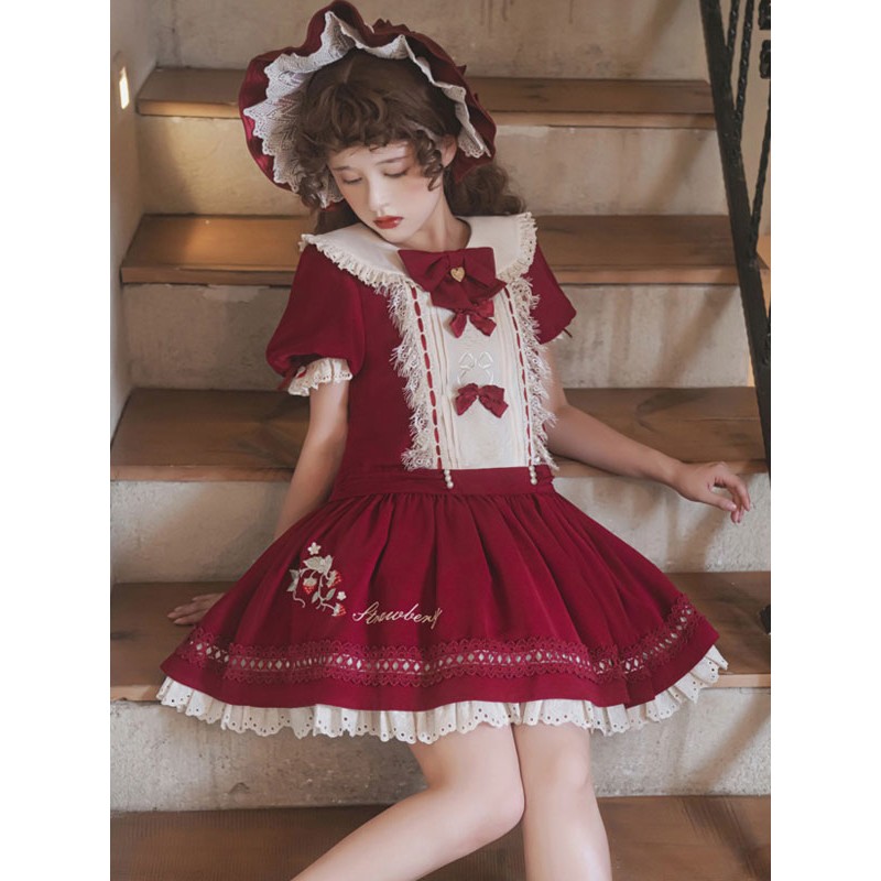 Classical Lolita Dress Polyester Short Sleeves Classic Lolita Dresses Burgundy