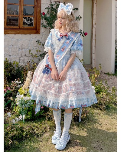 Sweet Lolita Dress Polyester Short Sleeves Bows Dress