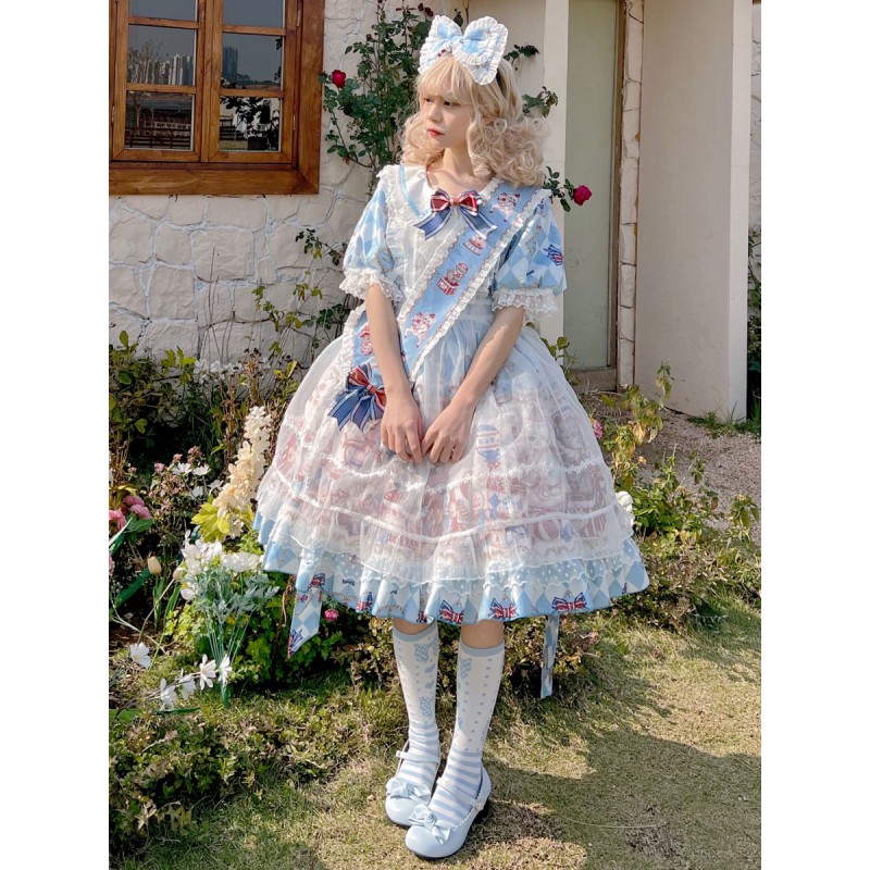 Sweet Lolita Dress Polyester Short Sleeves Bows Dress